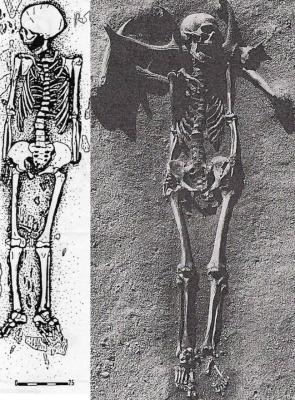 Left to Right Figure 2: Child burial from Coteau Montigne. After Duday et al 1990:41 and reproduced by kind permission of Bulletin et Memoires de la Societe d'Anthropologie de Paris Grave 22 at Vedbæk Bøgebakken. After Nilsson Stutz 2003:237 and reproduced by kind permission of Erik Brinch Petersen)