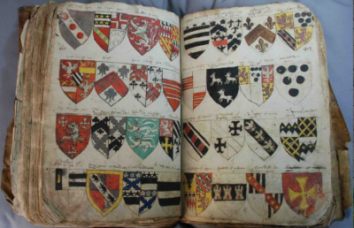 Figure 1: A heraldic manuscript from the YAS archives on display at Leeds City Museum (Image Copyright: Yorkshire Archaeological Society)
