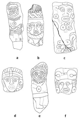 Figure 4. Selected Late Classic Period (600-900 AD). Sculptures from Los Santos Reyes Nopala, Oaxaca: (a) SRN-IGL-24 (redrawn after Bustamante 2003: 110); (b) SRN-PM-06 (redrawn after Bustamante 2003:76); (c) SRN-PP-11 (redrawn after Bustamante 2003:86); (d) SRN-CP-27 (redrawn after Bustamante 2003:116); (e) SRN-IGL-25 (redrawn after Bustamante 2003:112); and (f) SRN-PM-30 (redrawn after Bustamante 2003:122). Drawings are not to scale (image copyright: Arnaud F. Lambert).