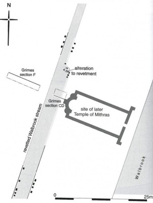 Figure 2. Orientation of Mithraeum to Walbrook Stream. Merrifield, R. 2008, 3.2.3.