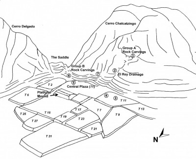 Plate 1: Schematic plan of Chalcatzingo showing the location of the new cup-marked stones: (1) CMS 1-A-2, (2) CMS 1-A-9, (3) CMS 2-A-5, (4) CMS 2-A-8, (5) CMS 3-A-4, (6) CMS 1-B-1, and (7) CMS 1-B-6. Redrawn and modified after Grove 2000:278, Source: Lambert. A. F
